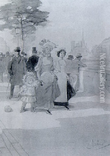 Ladies Strolling On A Quay Along The Seine Oil Painting - Emile Tabouret