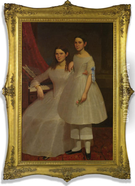 Two Young Sisters At The Pianoforte Oil Painting - Moses Billings