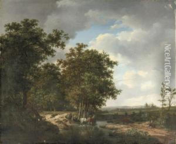 Horses In A Stream On The Edge Of A Forest Oil Painting - Pieter Gerardus Van Os