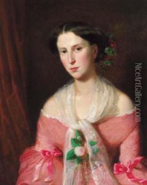 Portrait Of A Young Lady, Three-quarter-length, In A Pink Dress Anda Lace Shawl Oil Painting - Rudolf Koller