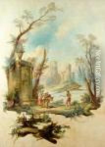 Paysans Devant Une Fontaine Oil Painting - Jean-Baptiste Pillement