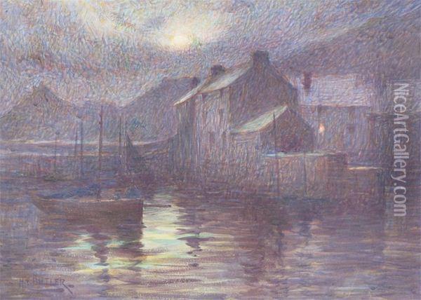 View Of Polperro Harbour Oil Painting - Herbert E. Butler