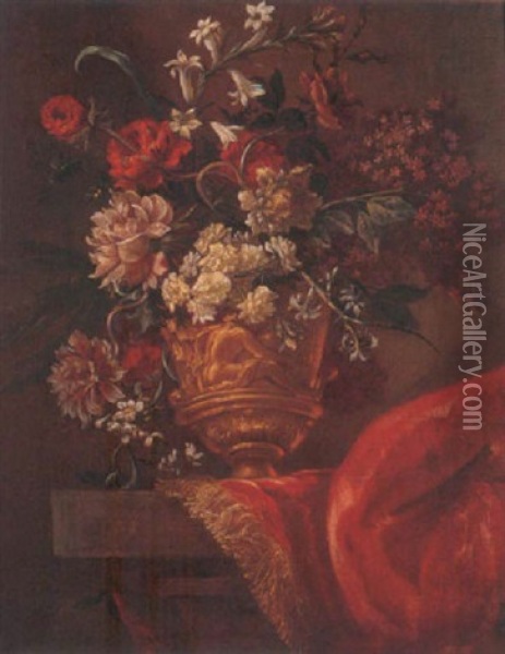 A Still Life Of Various Flowers In A Gilt Sculpted Urn, Upon A Stone Pedestal, Partly Draped With A Rug Oil Painting - Jean-Baptiste Monnoyer