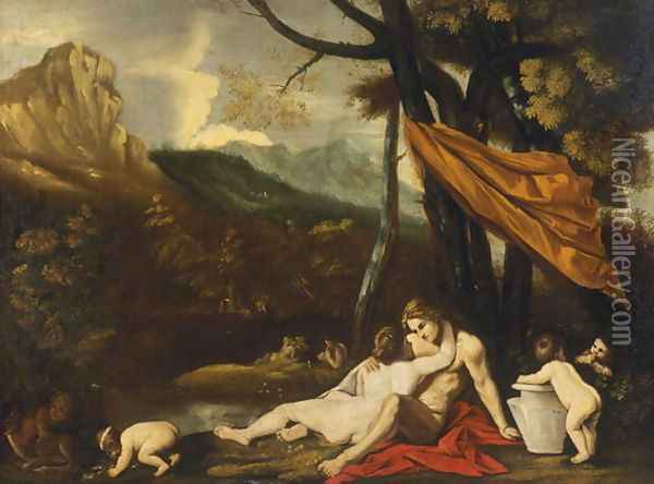 Landscape with an erotic scene Oil Painting - Pietro Testa