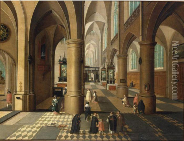 A Church Interior With Clergymen And Other Figures Oil Painting - Pieter Ii Neefs