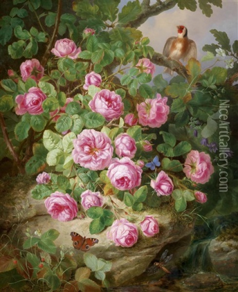 Groses Dekoratives Rosenstillleben Mit Schmetterlingen Und Vogel Oil Painting - Josef Lauer