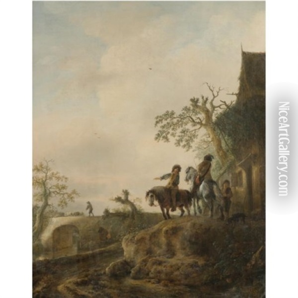 Horsemen Halting At An Inn, A Shepherd Driving His Flock Across A Bridge Beyond Oil Painting - Isaac Van Ostade
