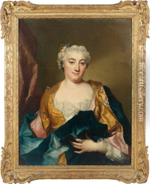Portrait De Femme A La Robe Jaune Etfleurs Dans Les Cheveux Oil Painting - Jean-Francois Delyen