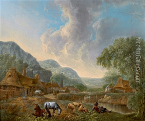 Flusslandschaft Mit Rastenden Tieren Und Personenstaffage Oil Painting - Johann Jakob Schalch