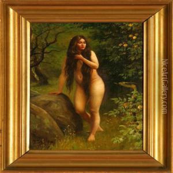 Eve And The Snake In The Garden Of Paradise Oil Painting - Povl Steffensen