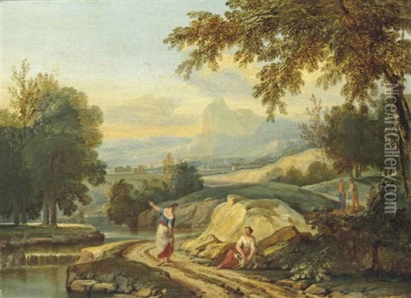 An Extensive River Landscape With Figures Conversing On A Bank, Mountains Beyond Oil Painting - Jan Frans van Bloemen