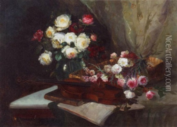 A Still Life With Roses And A Violin Oil Painting - Robert Schmidt