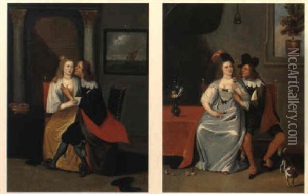 Interieurs Mit Zwei Karessierenden Paaren (pair As Pendants) Oil Painting - Christoffel Jacobsz. Van Der Lamen