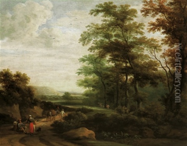 Waldlandschaft Mit Einem Rastenden Paar Und Einem Maultiertreiber Oil Painting - Martinus De La Court