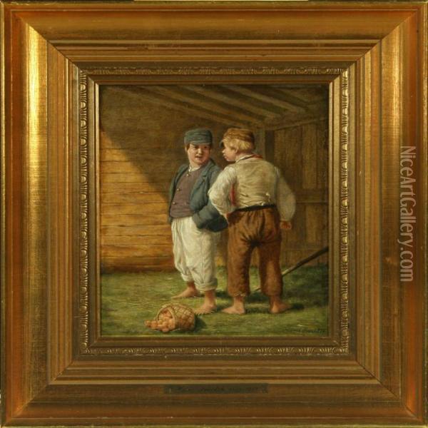 Two Barefoot Boys By A Basket Of Fruit Oil Painting - Hans Ludvig Smidth