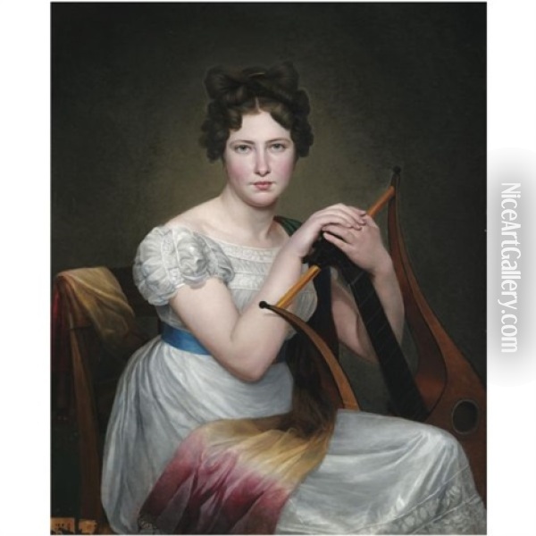 Portrait Of A Young Lady, Seated, In A White Dress, Holding A Lyre Oil Painting -  Romany (Adele Romanee)