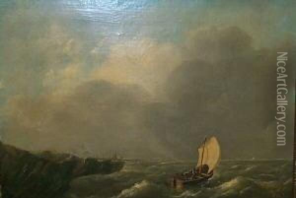 Seestuck. Auf Bewegter See Vor Der Kuste Boot. Signiert De Vries Oil Painting - Emanuel De Vries