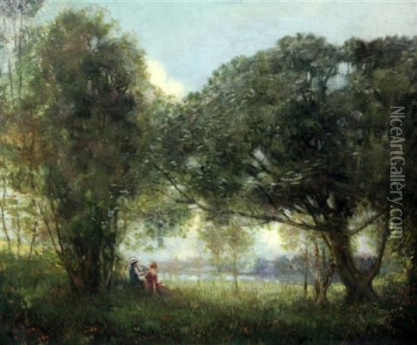 Figures Seated Beneath Trees In A Landscape Oil Painting - William George Robb