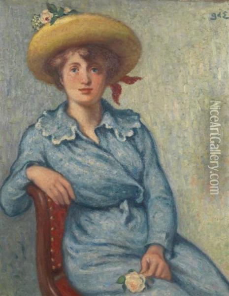 Jeune Fille En Bleu A La Rose Oil Painting - Georges dEspagnat