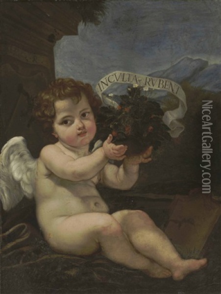 Putto With The Emblem Of Giulio Gaulli Oil Painting - Giovanni Battista Gaulli