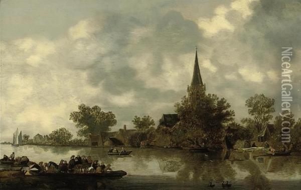 A River Landscape With A Church, A Ferry And Figures In Rowingboats Oil Painting - Jan van Goyen