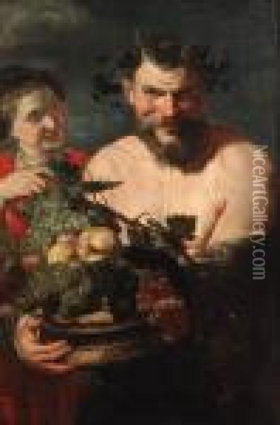 A Satyr Holding A Basket Of Fruit Oil Painting - Peter Paul Rubens