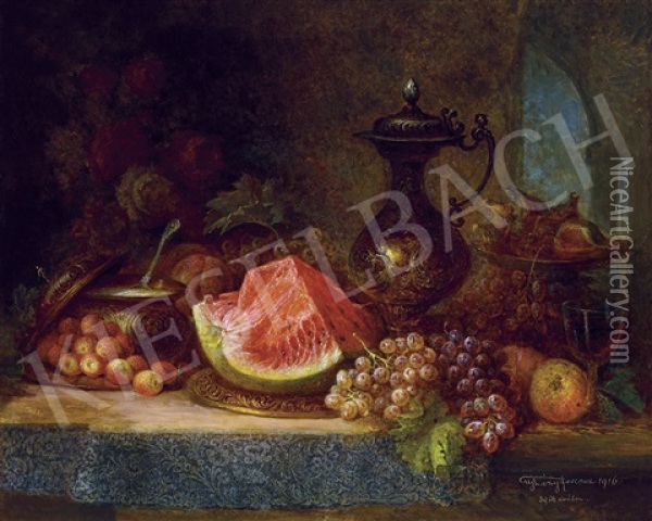 Still-life With Grapes, Fruits And Wine Jug Oil Painting - Ferenc (Franz) Ujhazy