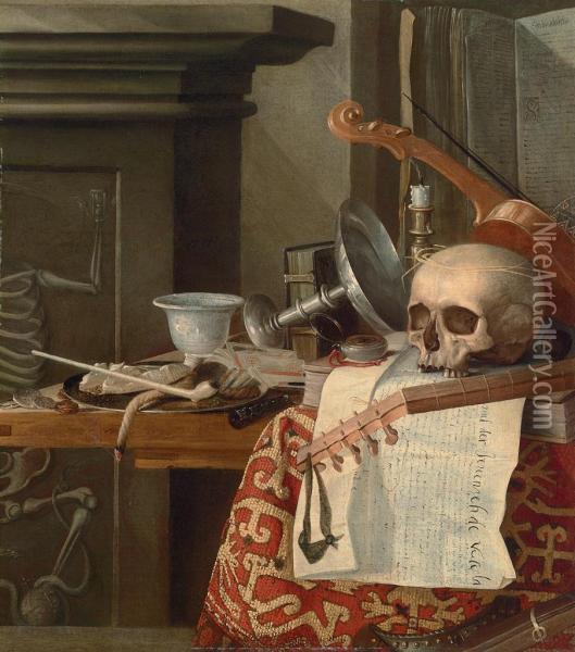 Vanitas: A Skull, A Violin, An Upturned Tazza, Books, Tarot Cards, A Fob Watch, A Clay Pipe, A Taper, And A Pouch Of Tobacco On A Pewter Plate, On A Wooden Table Draped With A Rug Oil Painting - Sebastiaen Bonnecroy