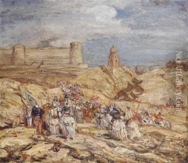 Cavaliers: Moorish Cavaliers Approaching A Castle Oil Painting - Marius Bauer