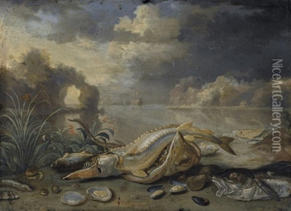 A Sturgeon And Thornback Ray With A Cod, Oysters, Mussels And Other Fish On A Seashore, A Ship In The Distance Oil Painting - Jan van Kessel the Elder
