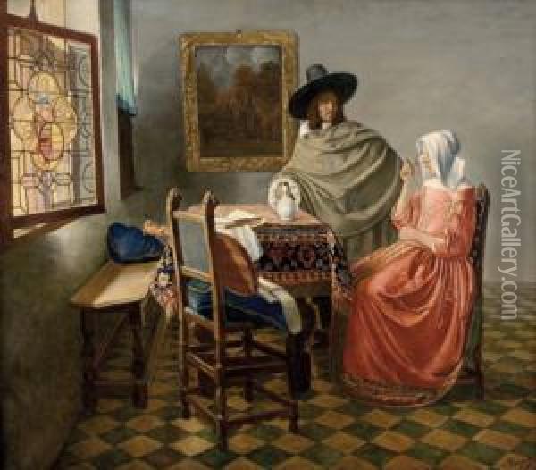 Herr Und Dame Beim Wein Oil Painting - Johannes Vermeer