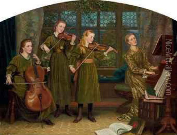 The Home Quartette: Mrs Vernon Lushington And Children Oil Painting - Arthur Hughes