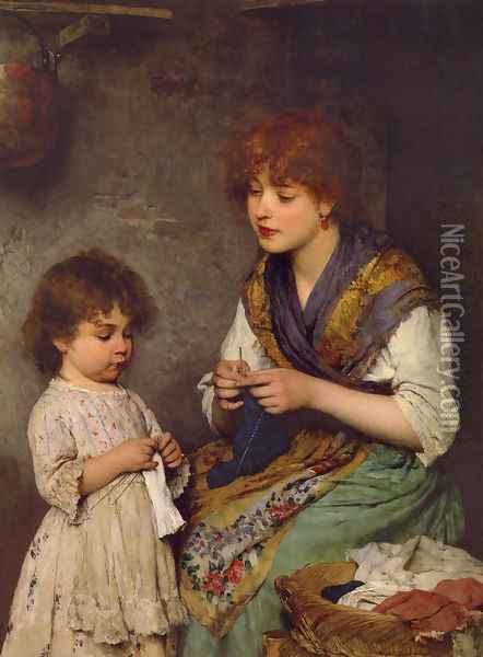 The Knitting Lesson Oil Painting - Eugene de Blaas