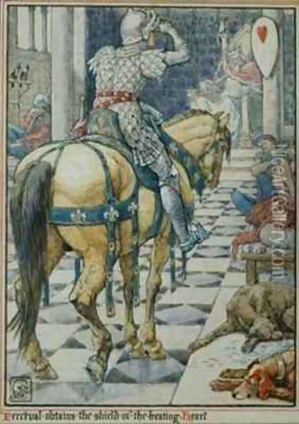 Percival Obtains the Shield of the Beating Heart Oil Painting - Walter Crane