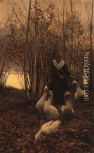 The Goose Maiden - Brittany Oil Painting - Alfred Edward Emslie