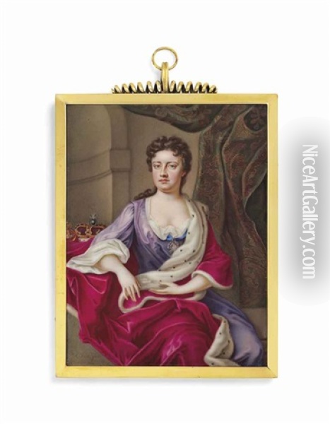 Queen Anne (1665-1714), Seated, In Purple Dress With Red Ermine Trimmed Robe, Interior Background Oil Painting - Charles Boit