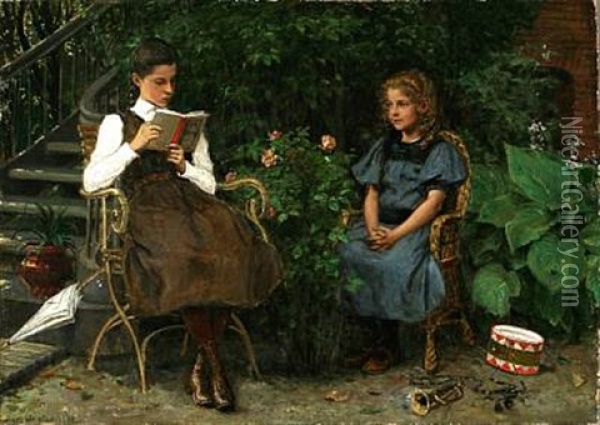 Two Girls In A Garden Oil Painting - Axel Theofilus Helsted