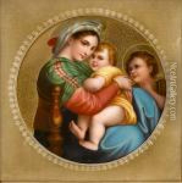 A Circular Porcelain Plaque Of The Madonna Della Seggiola Oil Painting - Raphael (Raffaello Sanzio of Urbino)