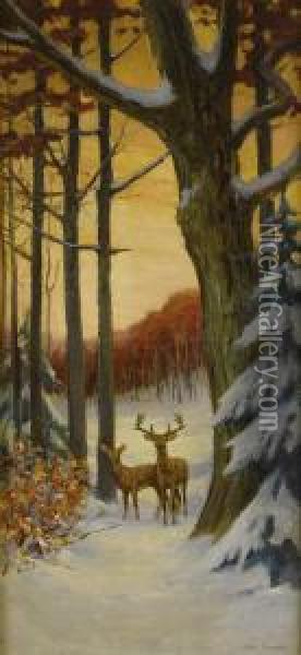 Deer In A Winter Forest Oil Painting - Stacy Tolman