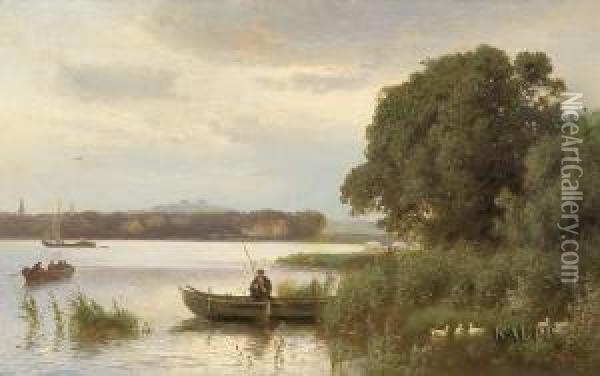 Sommerliche Flusslandschaft Mit Booten Oil Painting - Hugo Veit