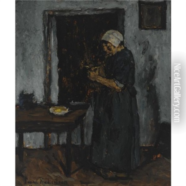 A Peasant Woman Cutting Bread Oil Painting - Suze Bisschop-Robertson