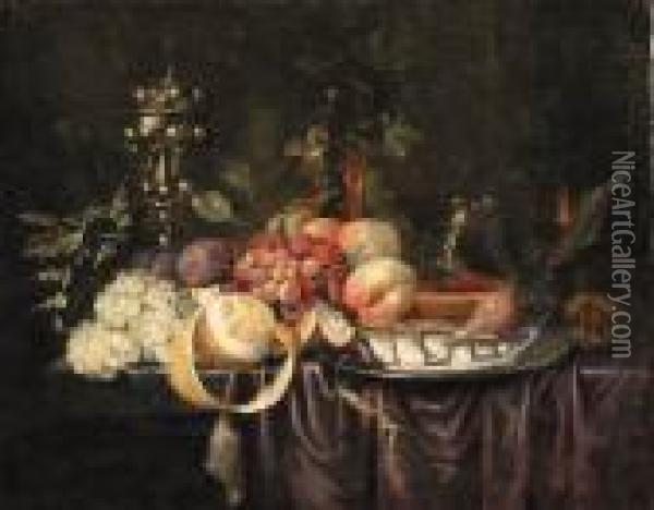 Grapes, Plums, Peaches And 
Chestnuts On A Draped Table With Apeeled Lemon A Herring On A Pewter 
Plate, A Roemer And A Coveredcup Oil Painting - Jan Davidsz De Heem
