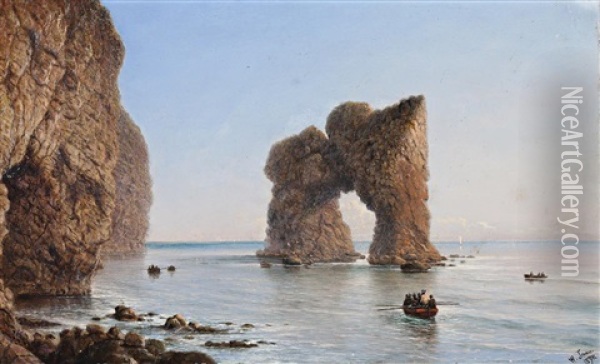 Coastal Scene With Cliffs, Rowboats And Arched Rock Oil Painting - Isaac Walter Jenner
