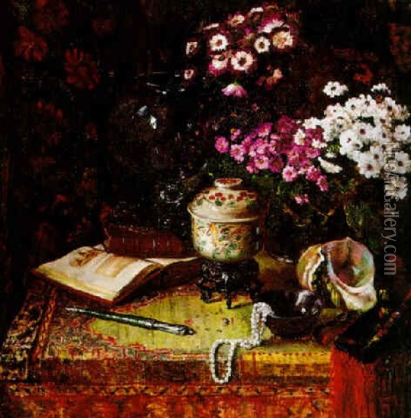 Still Life With Flowers, Books, Shells And Pearls Oil Painting - Willem Elisa Roelofs