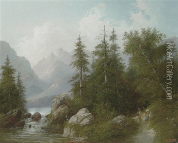 Alpelandskab Med En Mand Og En Kone, Der Holder Hvil Pa En Sti Oil Painting - Eduard Boehm