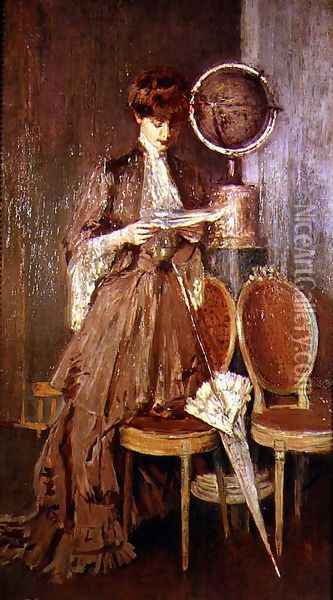 Portrait of Mme Helleu reading a letter Oil Painting - Paul Cesar Helleu