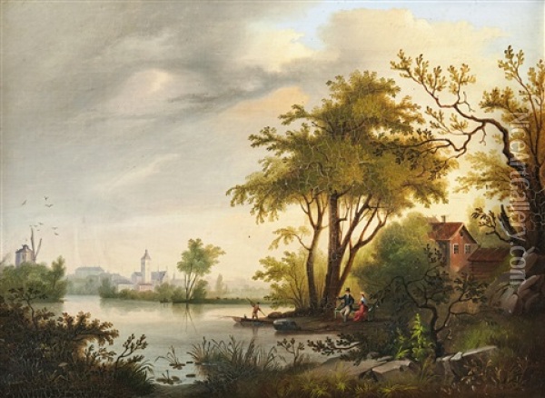 Landskapsbild Med Sjo Och Stad I Bakgrunden Oil Painting - Carl Abraham Rothsten