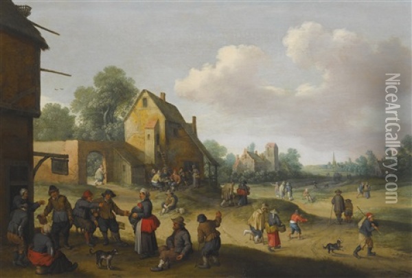 Village Scene With Figures Outside An Inn Oil Painting - Joost Cornelisz. Droochsloot