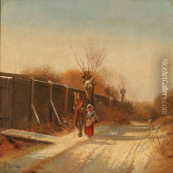 Winter Landscape With A Couple On A Country Road Oil Painting - Frederik Niels M. Rohde