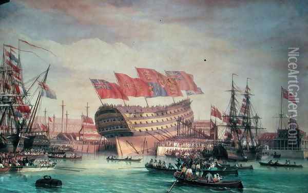 The Launching of HMS Trafalgar at Chatham, July 1820 Oil Painting - C. John Mayle Whichelo